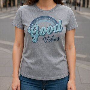 Chaser Graphic Tee “Good Vibes” Gray Blue Rainbow Print Size S